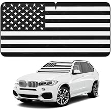 Windshield Sun Shade with American Flag Design, Heat-Insulation Patriotic Auto Sun Shade for Front Windshield, Foldable US Flag Windscreen UV Ray Blocker for Cars Trucks SUVs Black & White