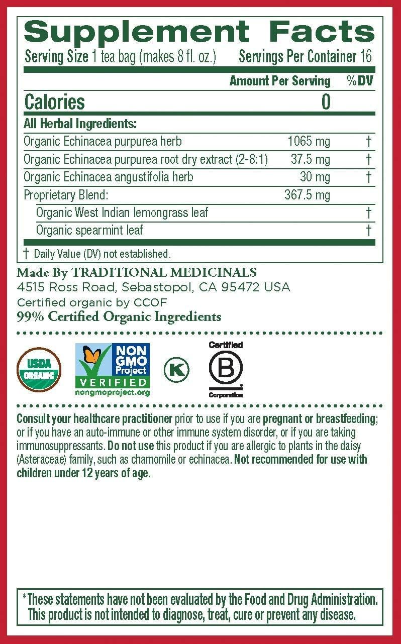Traditional Medicinals Organic Echinacea Plus Herbal Tea - 16 Tea Bags - Case of 6