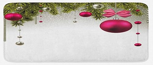 Miniatura 1 de Ambesonne Christmas Kitchen Mat, Vivid Fir Twigs and Magenta Balls Framework Special Day Preparation, Plush Decorative Kitchen Mat with Non Slip
