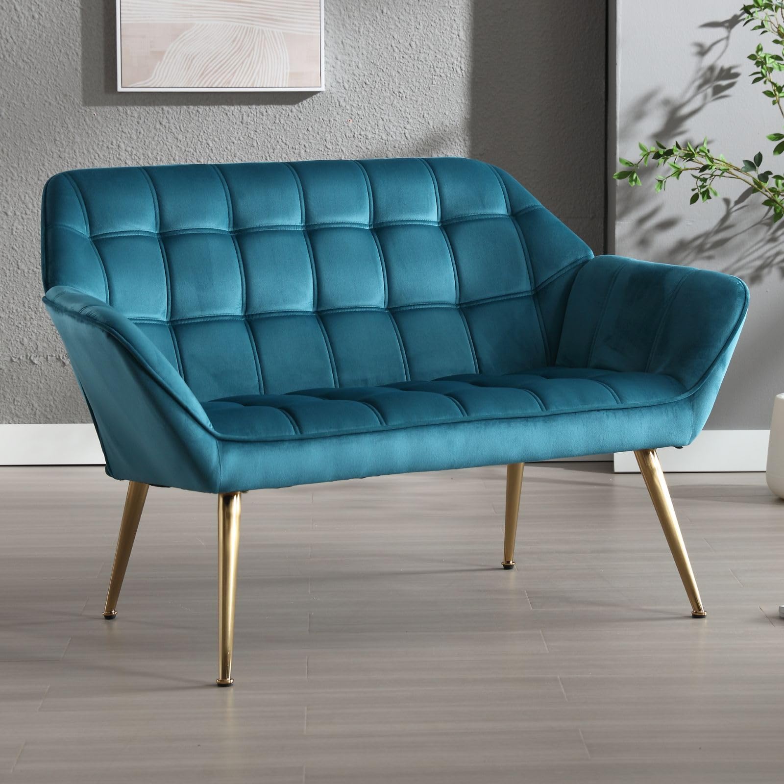 Ya-Home Modern 2 Seater Sofa Velvet Upholstered Loveseat Sofa with Solid Metal Legs, Comfortable Padded Couch for Living Room/Bedroom, Blue