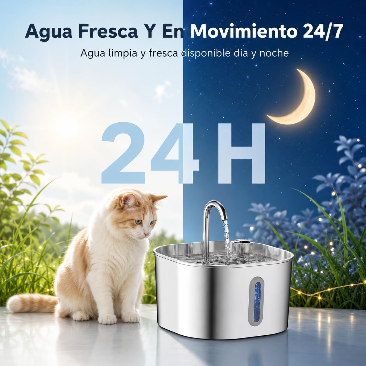 Cat Vitalis Fuente Gatos Acero Inoxidable - Fuente para Gatos de Acero Inoxidable 2,2 L con Filtro y Bomba Silenciosa para Agua Fresca (1 Artículo)