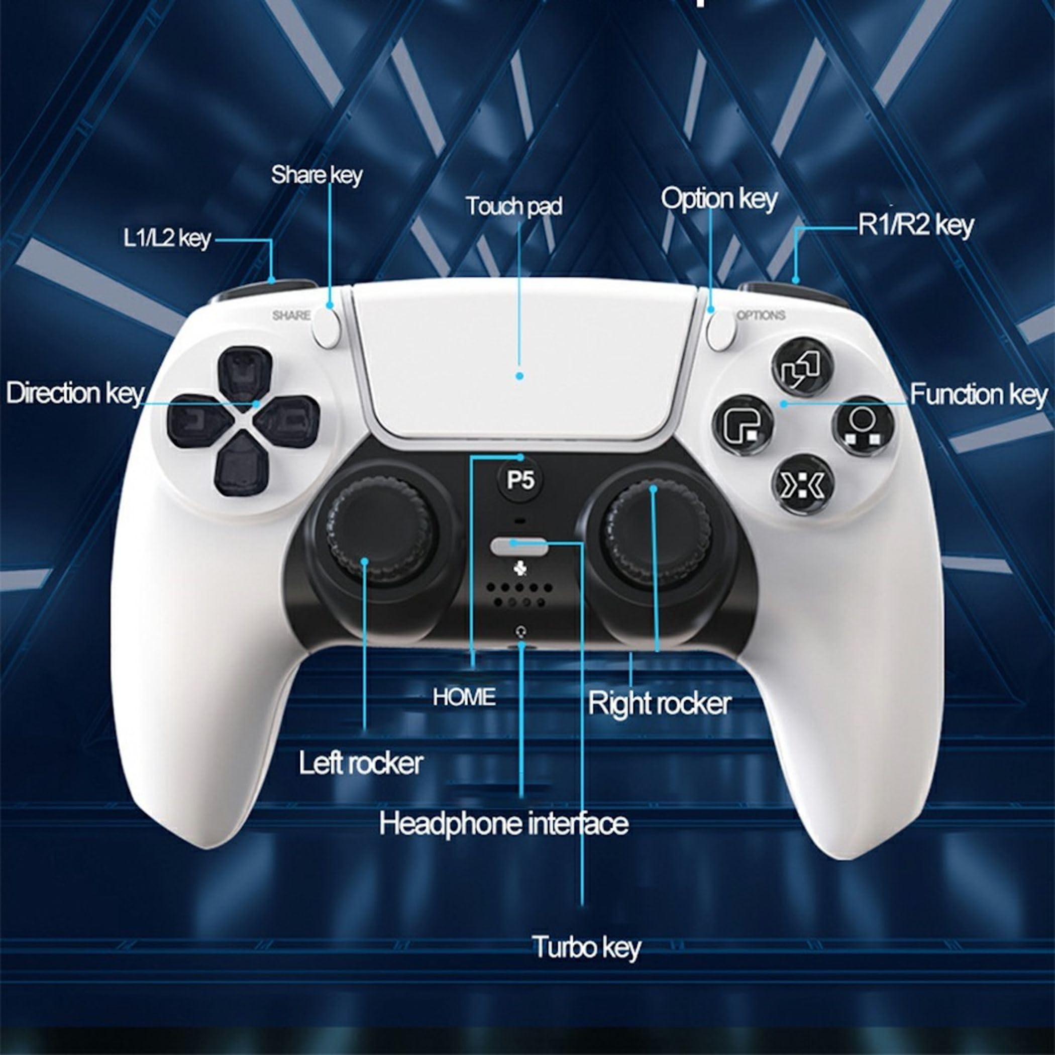 Wigento Wireless Controller für PS5, Hall Effekt Joysticks, 6 Achsen Gyroskop, Dual Vibration, Bluetooth 5.3, Touchpad, Gaming Gamepad (Weiß)