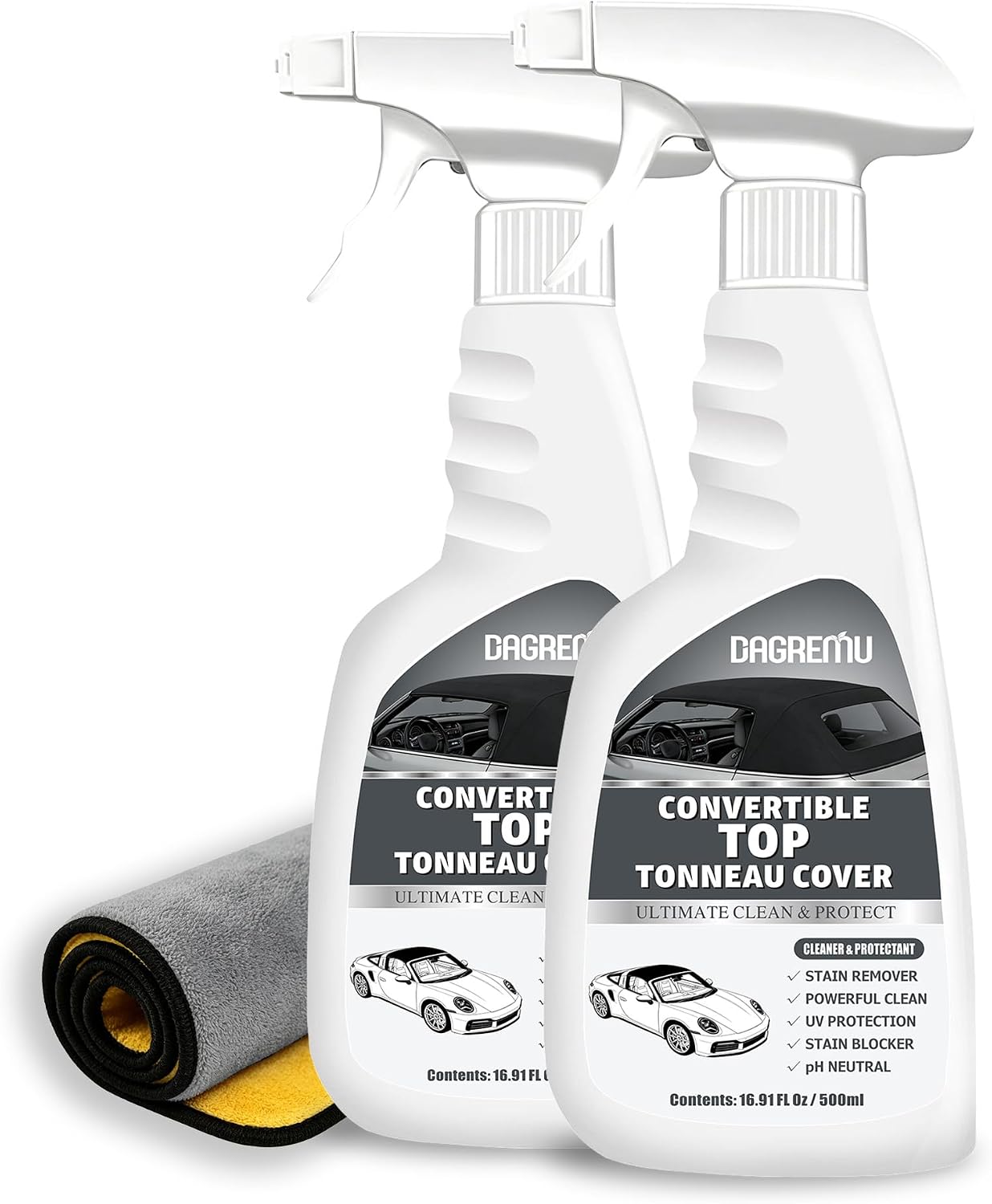 Convertible Top Cleaner and Protectant Kit-2 Pack All in One Car Cleaning Spray for Soft Top,Fabric, Canvas & Vinyl,Deep Cleaning,Blocks UV,Prevents Cracks & Fading with Microfiber Towel(16.9oz Each)