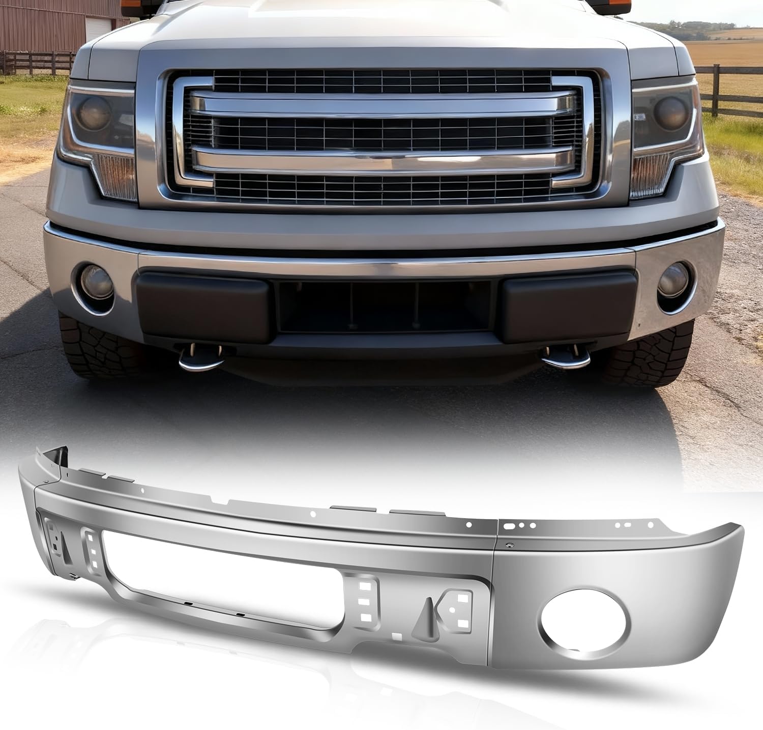 Auto Dynasty Front Bumper Impact Face Bar Replacement Compatible with 2009-2014 Ford F-150, with Fog Light Holes, Polished Chrome