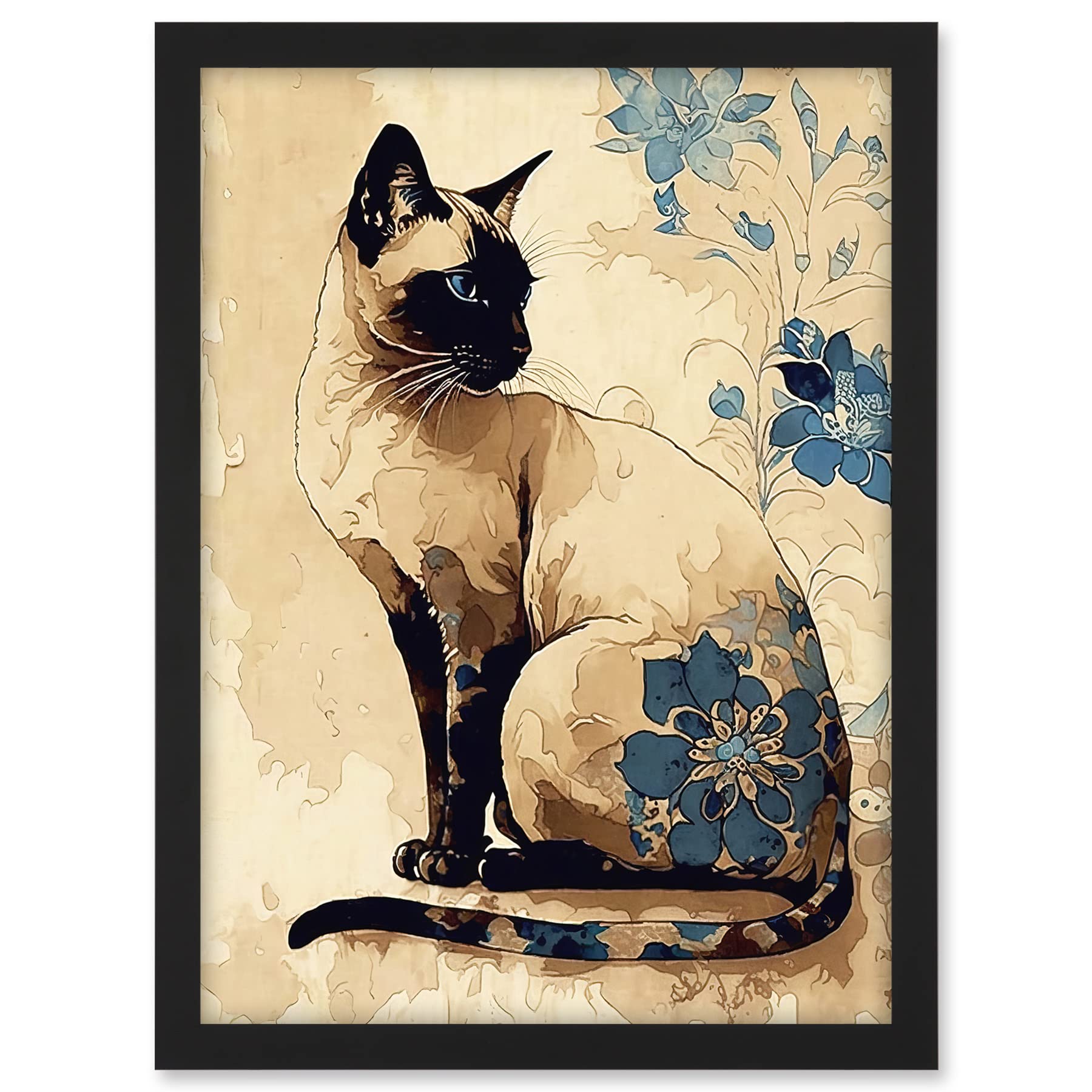 Artery8 Siamese Cat with Blue Flowers Watercolour and Ink Modern Illustration Artwork Framed A3 Wall Art Print