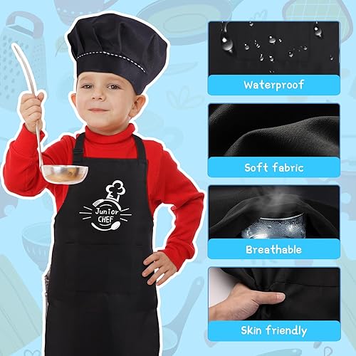 Miniatura 5 de Juego de 4 delantales y sombreros de chef, delantal ajustable impermeable para niños, delantal de entrenamiento divertido para niñas y niños