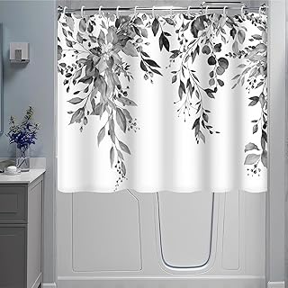 Short Shower Curtain, Waterproof Spring Grey Eucalyptus Shower Curtain with Hooks for Walkin Tub or Step in Tub, 72x60 inch