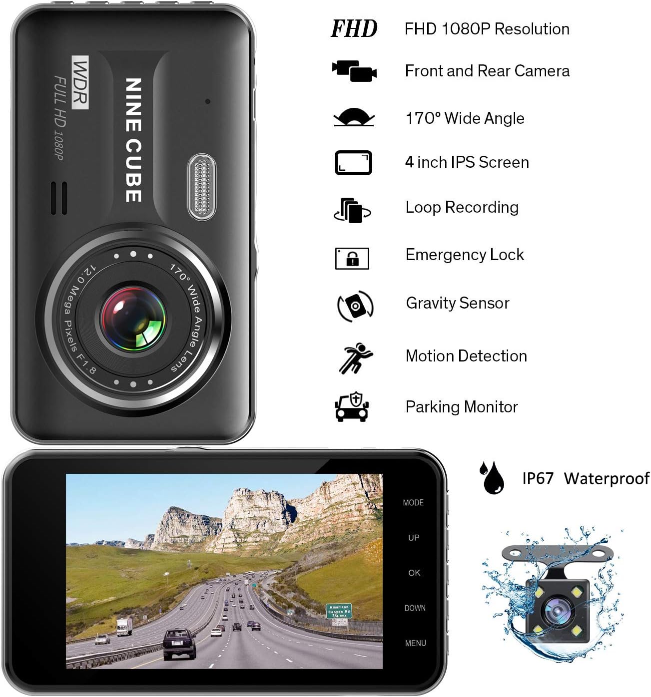 Dual Dash Cam Front and Rear, NINE CUBE 1080p HD Dashboard Recorder,Car Dash Camera 4" IPS Screen, 170° Super Wide Angle, G Sensor, Loop Recording, Parking Monitor, Motion Detection