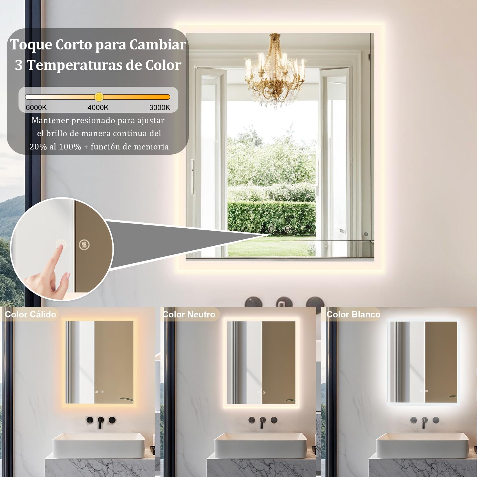 LUVODI Espejo Baño con Luz 40x50cm: Espejos de Baño con Led Retroiluminado con ANTIVAHO, 3 Temperaturas de Color Regulable, Memoria, Vidrio HD, Impermeable IP66, 3000K-6000K