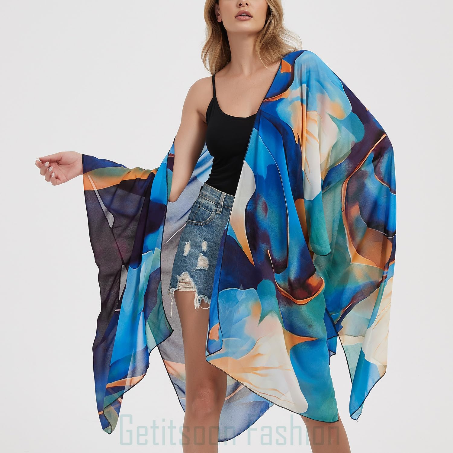 Women's Bohemian Floral Chiffon Beach Cover up Swimsuit Kimono Summer Swimwear Cardigans - Image 5