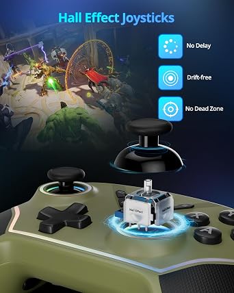 Multi-Platform Wireless Controller, PC Gaming Controller with 2.4G Adpater/Hall Joysticks/Hall Triggers/1200 mAh Battery/4 Programmable Buttons/RGB Lighting, Compatible with PC Windows 7/8.1/10/11, Switch/OLED/Lite, iOS, Android, Steam-Army Green