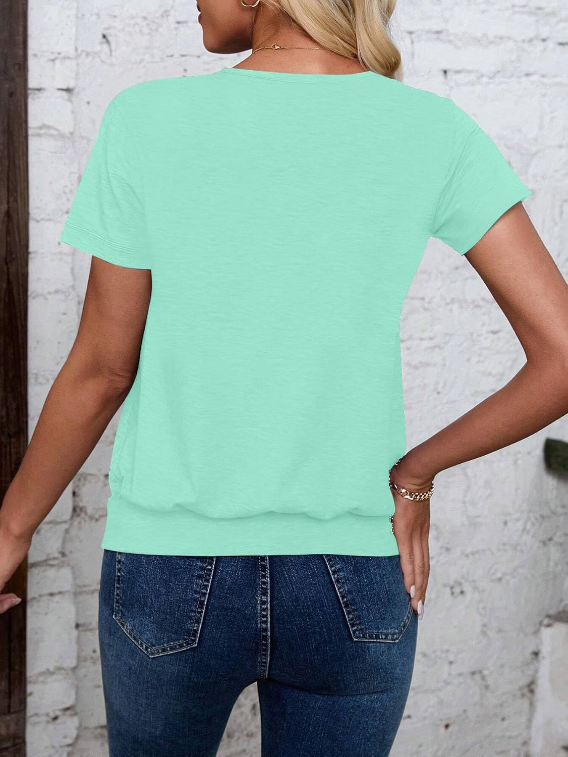 Short Sleeve Women T Shirts V Neck Tops Fashion Banded Bottom Tops Summer Spring Outfits Beach Vacation Clothes 2026 - Image 2