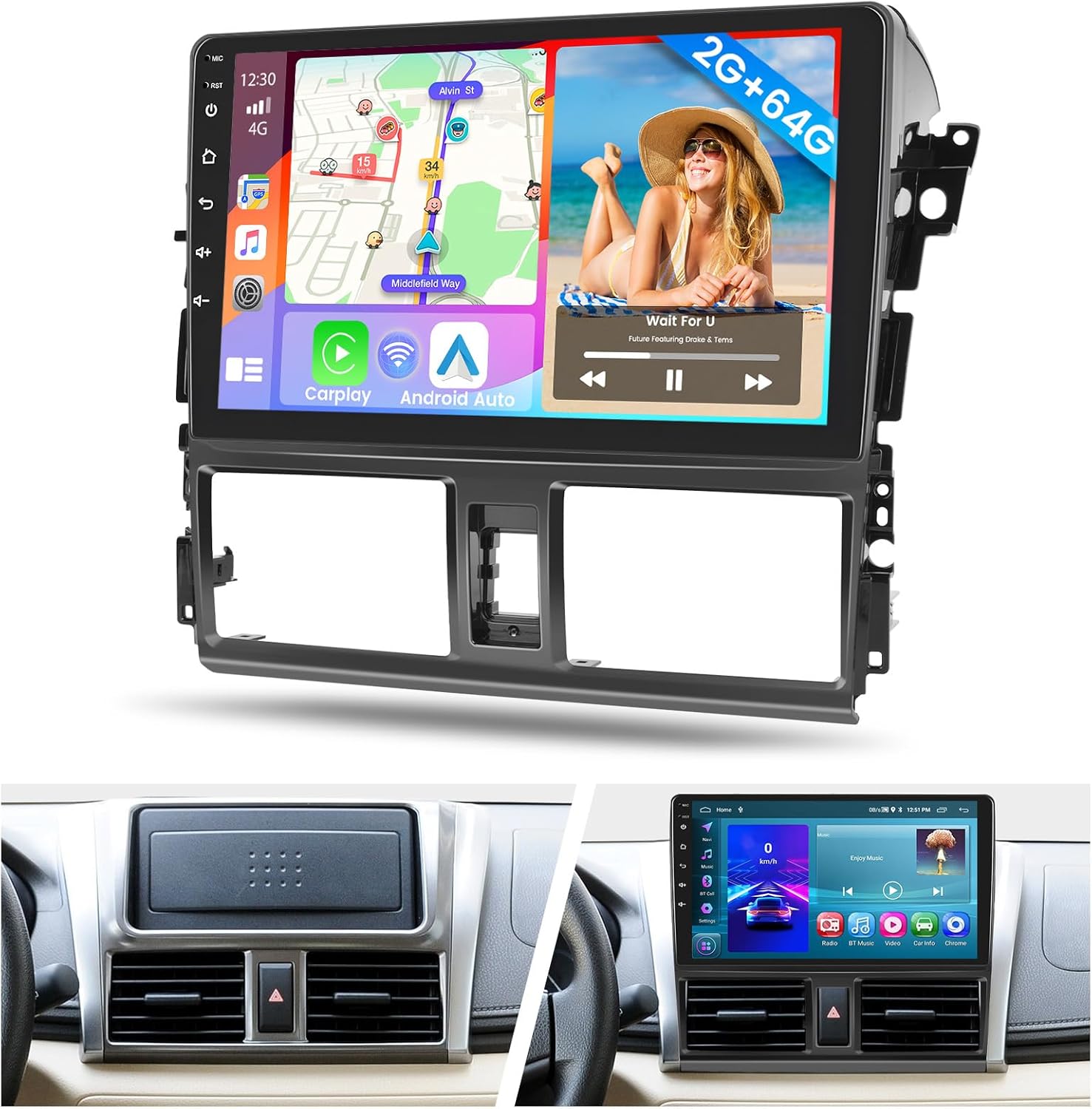 2+64G Android 15 Car Stereo for Toyota Vios Yaris 2013-2016,10.1 inch Touch Screen Radio Wireless Apple CarPlay Android Auto 26UI WiFi Bluetooth GPS FM RDS+Free AHD Backup Cam
