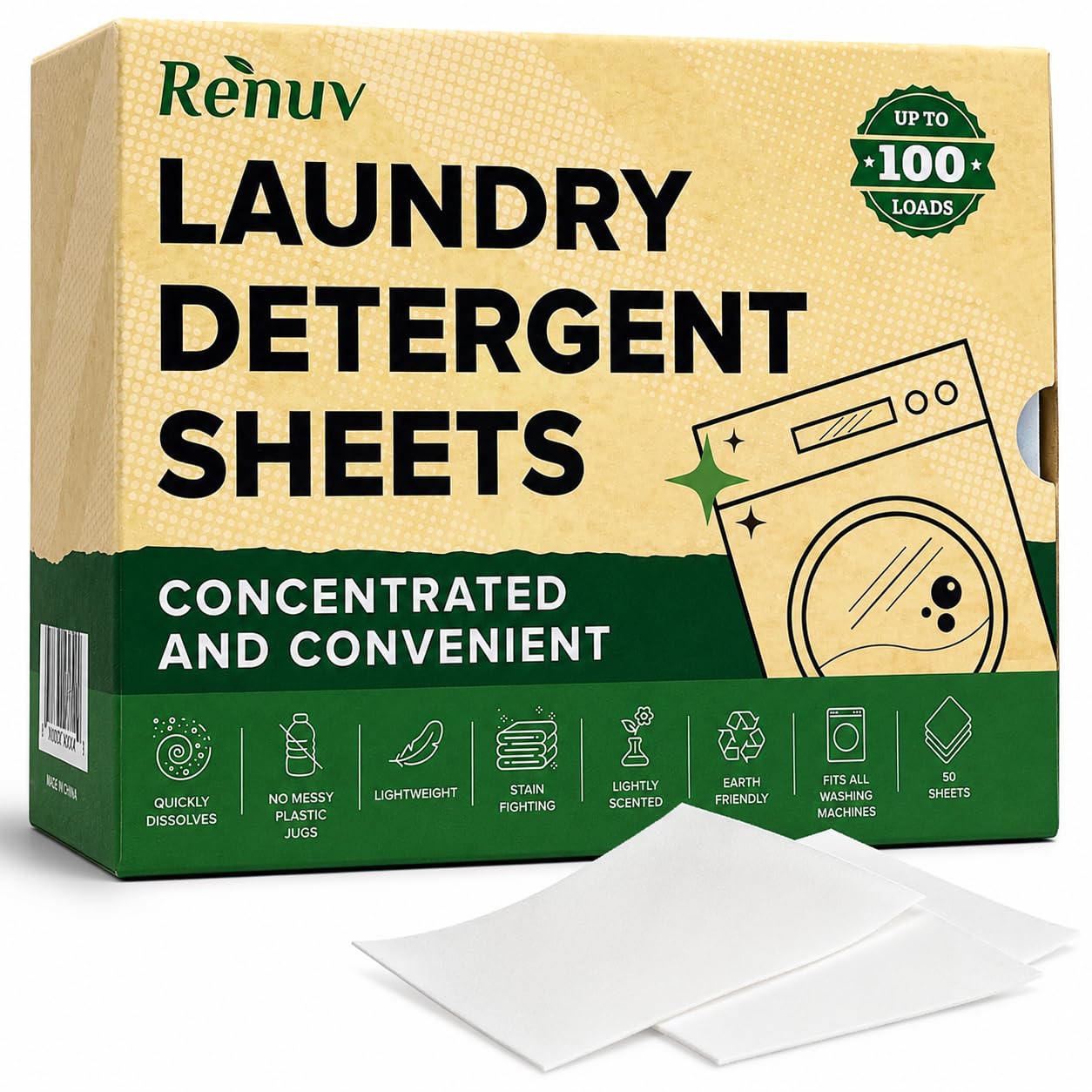 Renuv - Fogli per detersivo per bucato fino a 100 lavaggi, ecologici, senza liquidi, senza plastica, ecologici, biodegradabili, per casa o in viaggio, 50 fogli