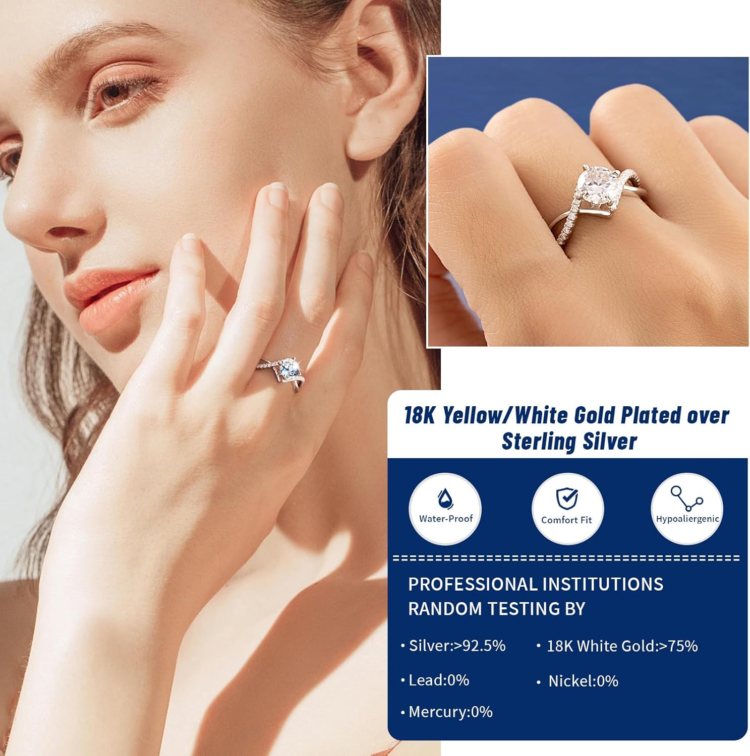 RINEY&KY Moissanite Rings for Women D VVS1 1.34Carats Certified Engagement Ring 18K White Gold Plated Silver S925 Halo Set Round Brilliant Cut Promise Rings for Her Size 5-10US - Image 2