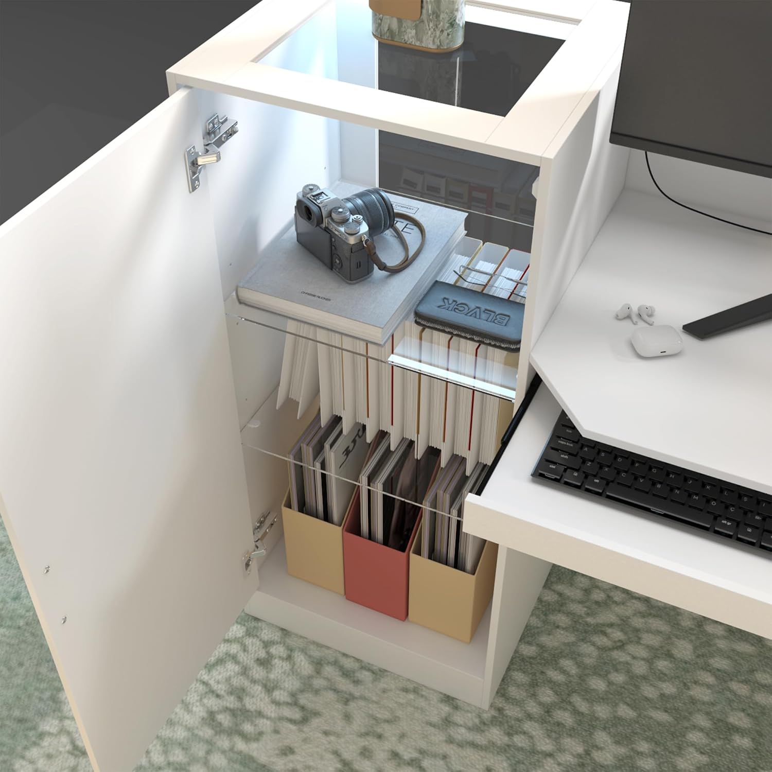 WOODTIME Reception Desk with LED Light & Keyboard Tray, Retail Counter with Cabinet & Glass Adjustable Shelves, Checkout Counter Table for Office Clinic Retail Lobby Salon, White