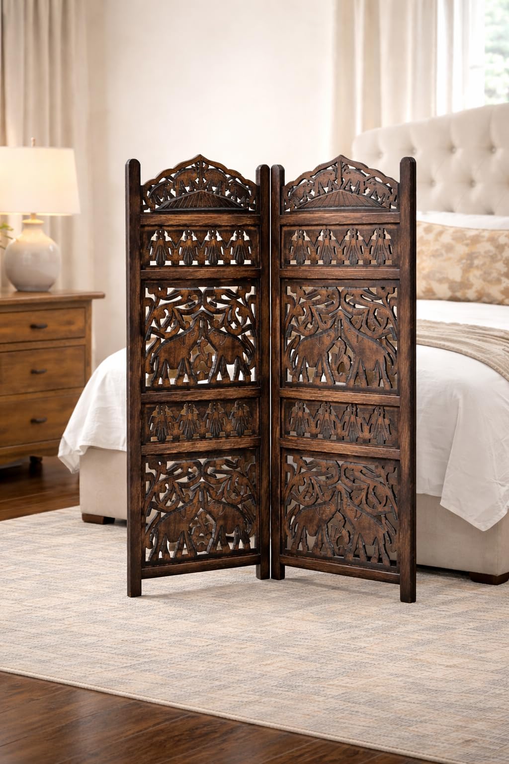 Wooden Room Divider Partition - Foldable Screen Separator for Living Room, Bedroom, Office, Restaurant || Elephant Design, 4 Feet (2 Panel)-picture-30