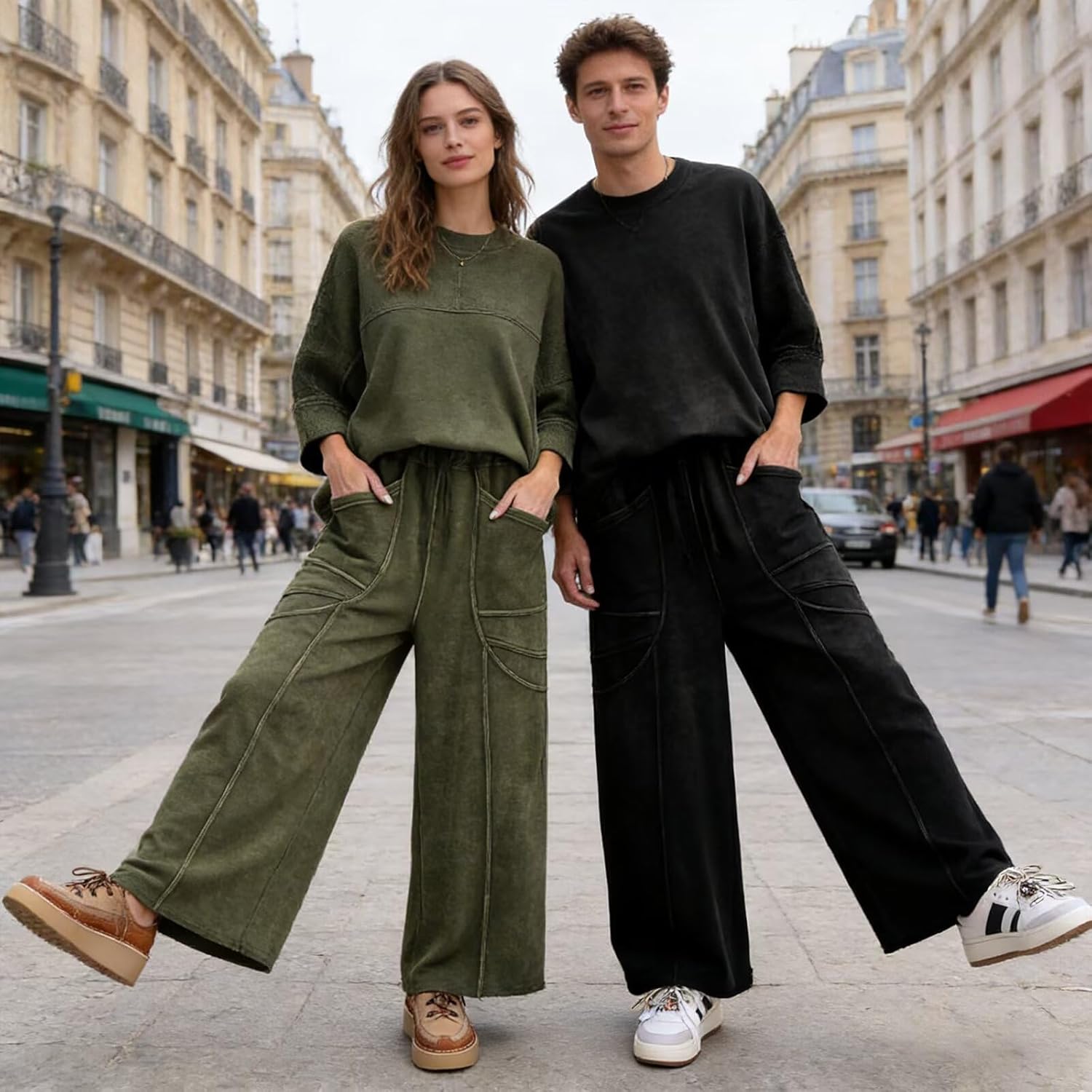 Men Women's Sweatpants Mens Jeans Acid Wash Womens Wide Leg Pants Drawstring Elastic Waist Pants with Pockets