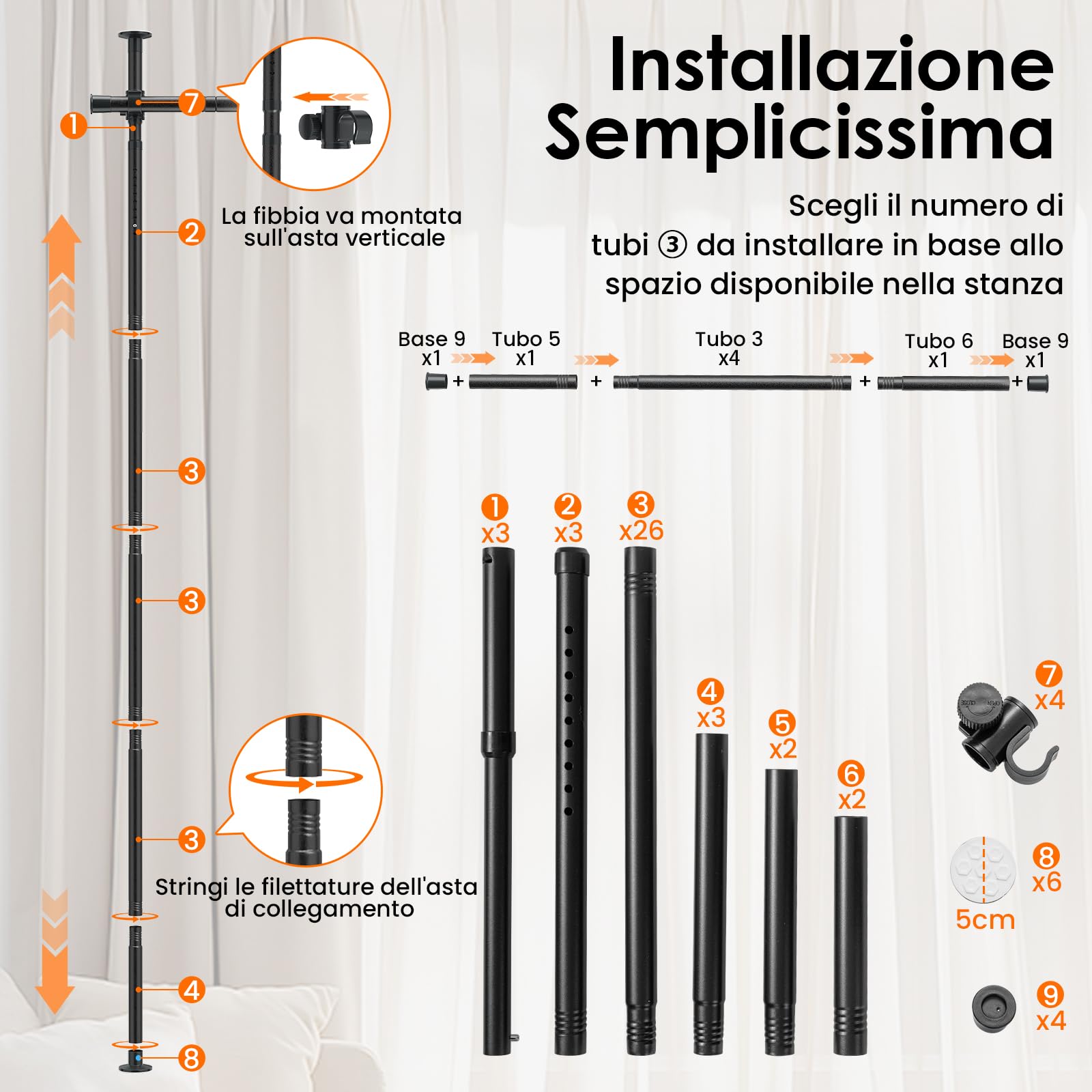 COSTWAY Tenda Divisoria Senza Trapano, Parete Divisoria per Interni con Asta Regolabile 120-314 cm(A) 73-360 cm(L), Bastoni Tende in Metallo per Soggiorno, Camera da Letto e Balcone (stile 2 Nero)
