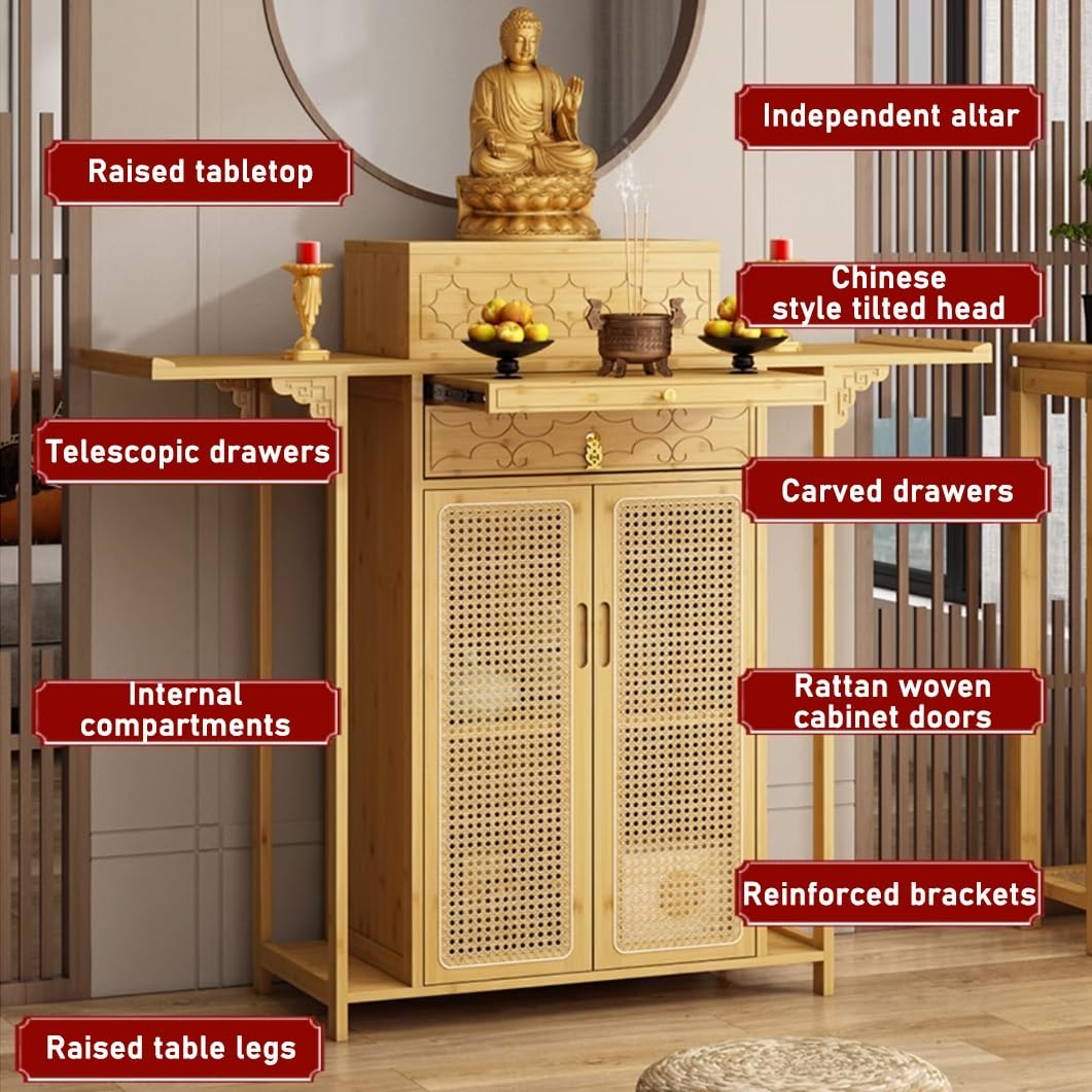 Generico Bambusowy stół ołtarz z pojemnikiem - Buddyjski stół w stylu vintage, chińska szafka na niszę Buddy z drzwiami rattanowymi do medytacji (brązowy, 80 cm / 31,4 cala)
