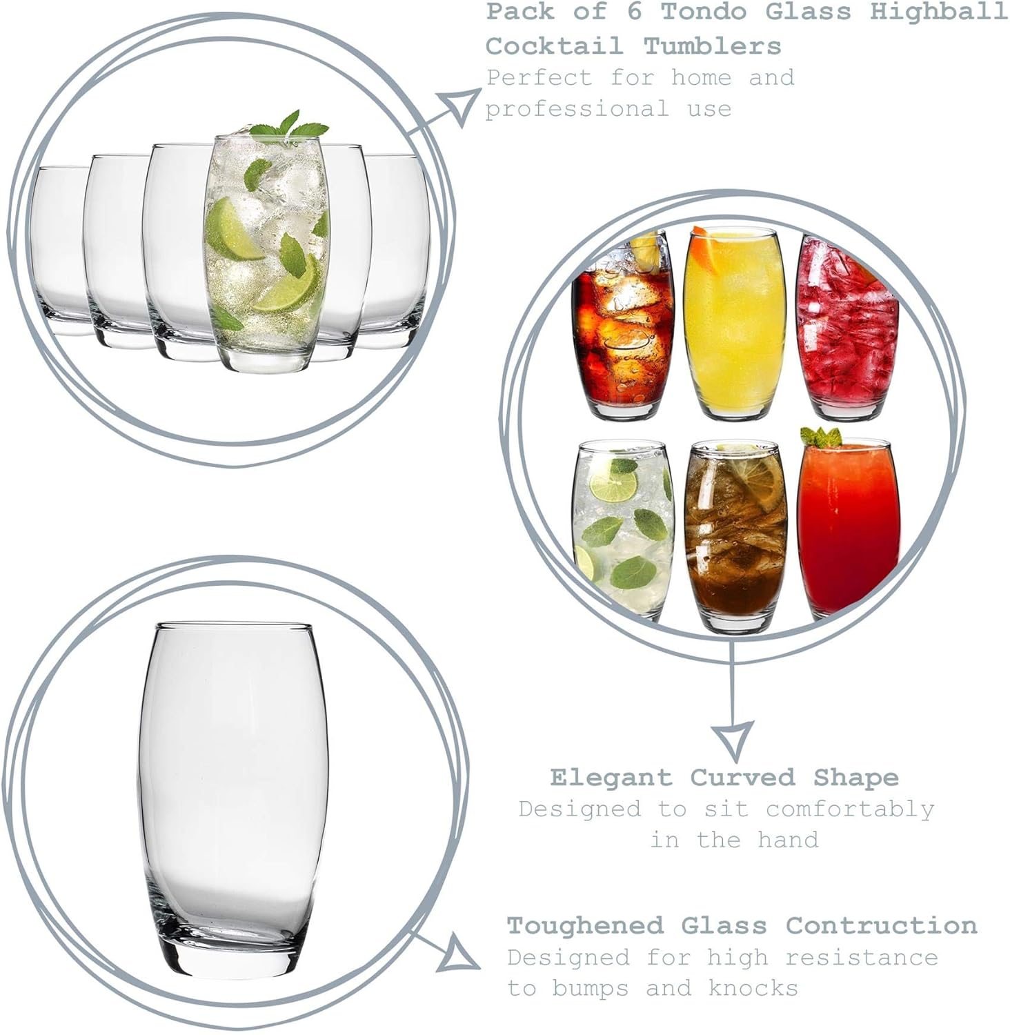 LAV 6X Clear 510ml Empire Highball Glasses - Tall Hi Ball Glass Water Gin Juice Cocktail Drinking Glassware Tumblers Set
