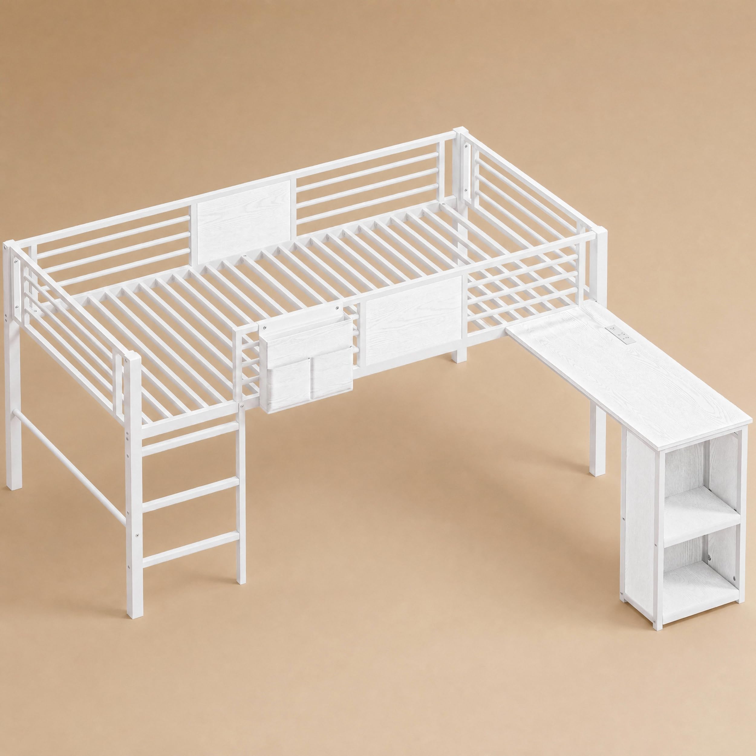 LIKIMIO Low Loft Bed Twin Size with Desk & 25 Heavy-Duty Steel Slats, White