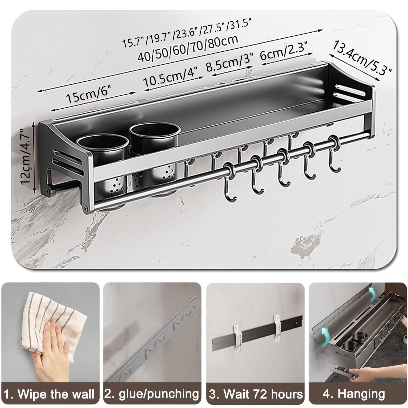 70cm,Especiero Pared Especiero Colgante Sin Taladro con Ganchos Extraíbles y Soporte, ​Estantería de Especiero de Acero Inoxidable, Especieros para Cocina, Especiero Organizador Cocina