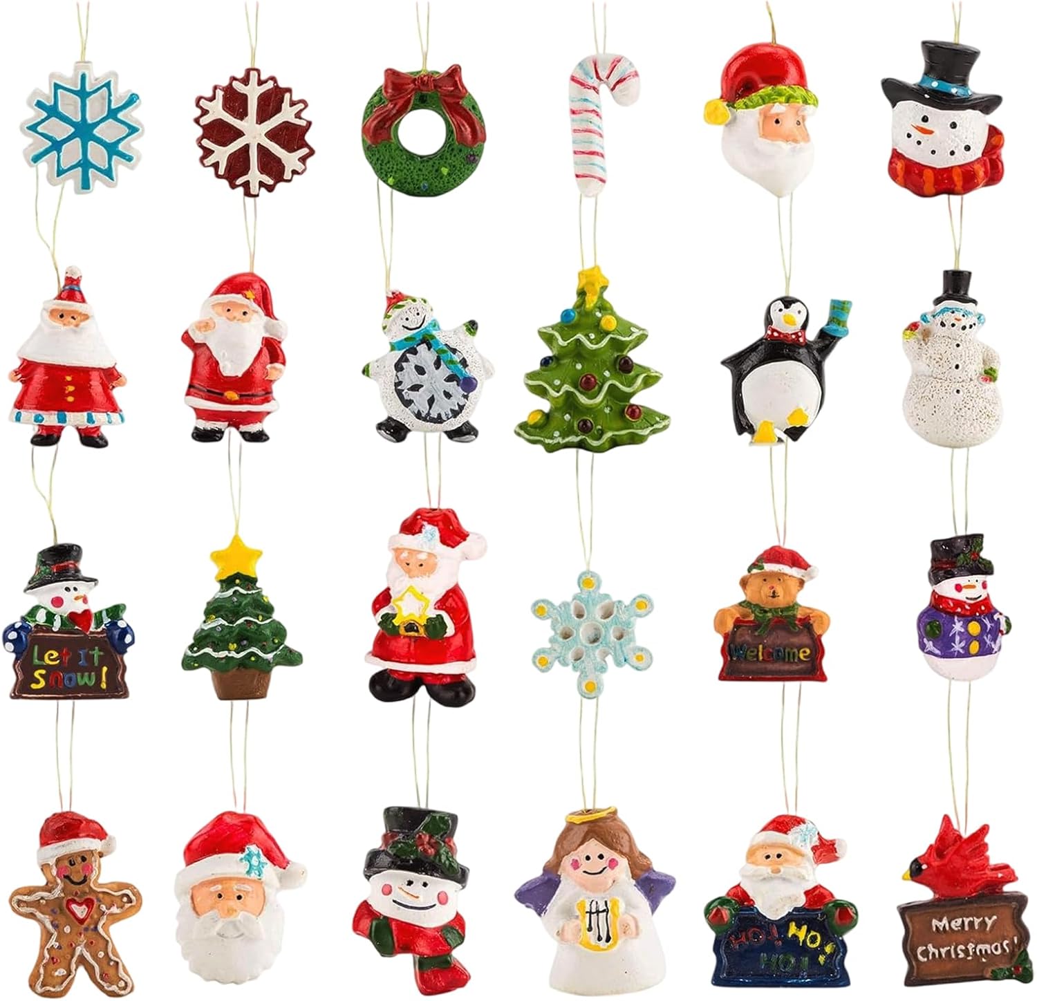 Pacote com 24 enfeites de árvore de Natal – Decorações festivas sortidas com Papai Noel, boneco de neve, pão de gengibre e muito mais, mini ornamentos para árvore de Natal