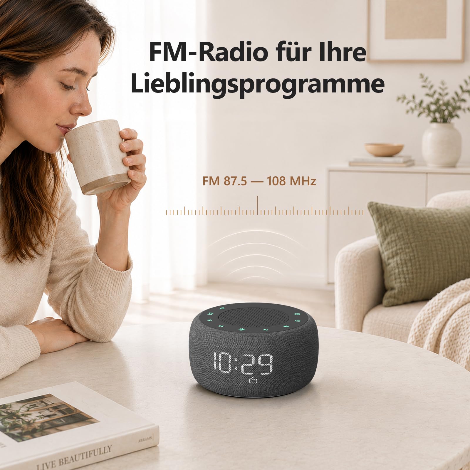 Buffbee Digitaler Radiowecker für das Schlafzimmer - 7-farbiges Nachtlicht, High-Fidelity-Klangqualität mit nach oben gerichtetem Lautsprecher, 4 Wecktöne, Full Range Display Dimmer für den Nachttisch