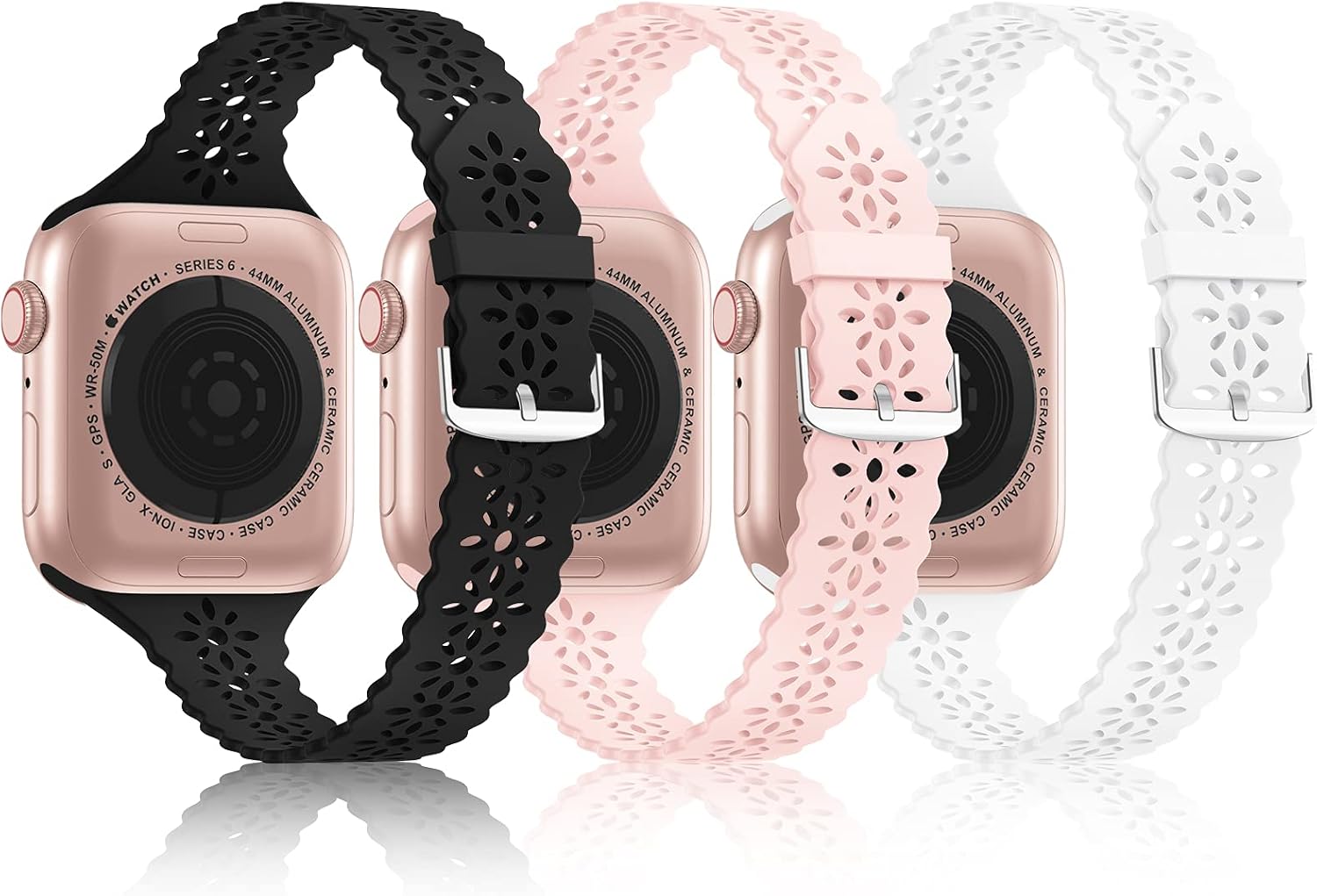 [3Pack]Bandiction Slim Lace Band Compatible With Apple Watch Bands 38mm 40mm 42mm 44mm for Women and Men, Silicone Wristbands Strap Replacement for iWatch Series6/5/4/3/2/1/SE