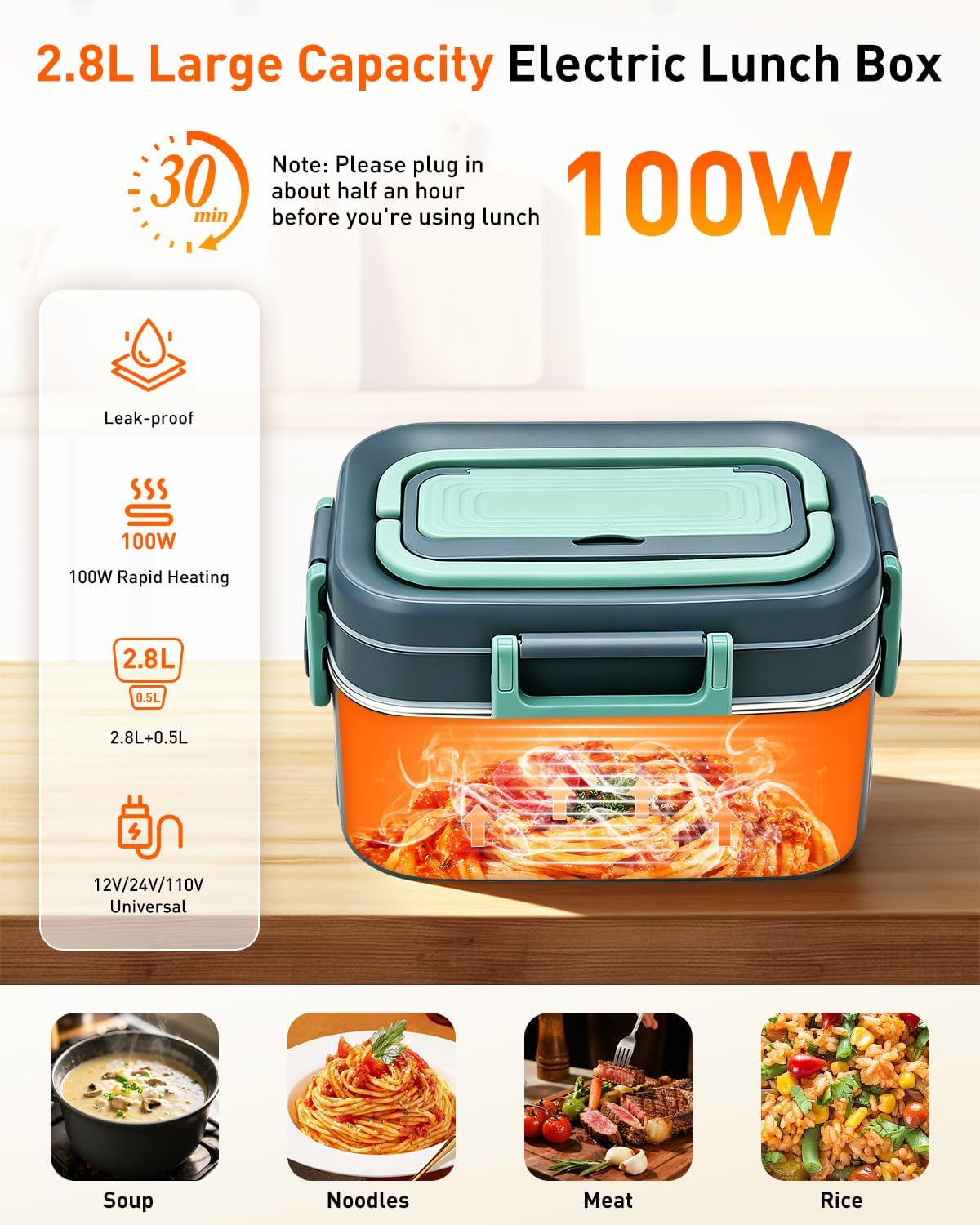 GUARDKING Electric Heated Lunch Box for Adults 2.8L+0.5L, 2-Layer 100W image 2
