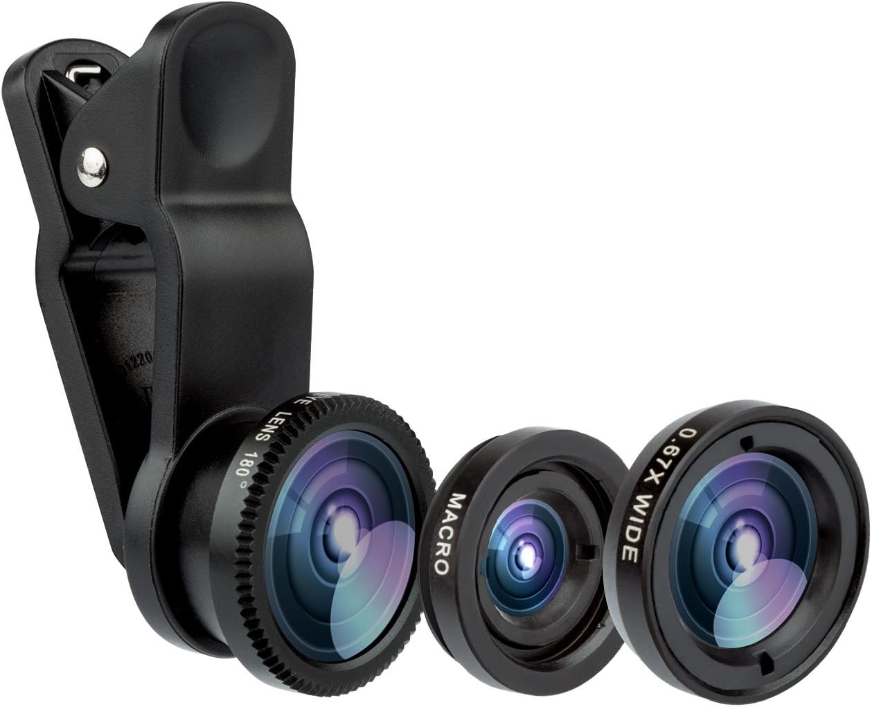 Fisheye Lens - Universal 3-in-1 Mobile Phone Camera Clip Lens, Macro + 180 Degree Supreme FishEye + 0.67X Wide Angle + 0.4X Wide Lens,Black