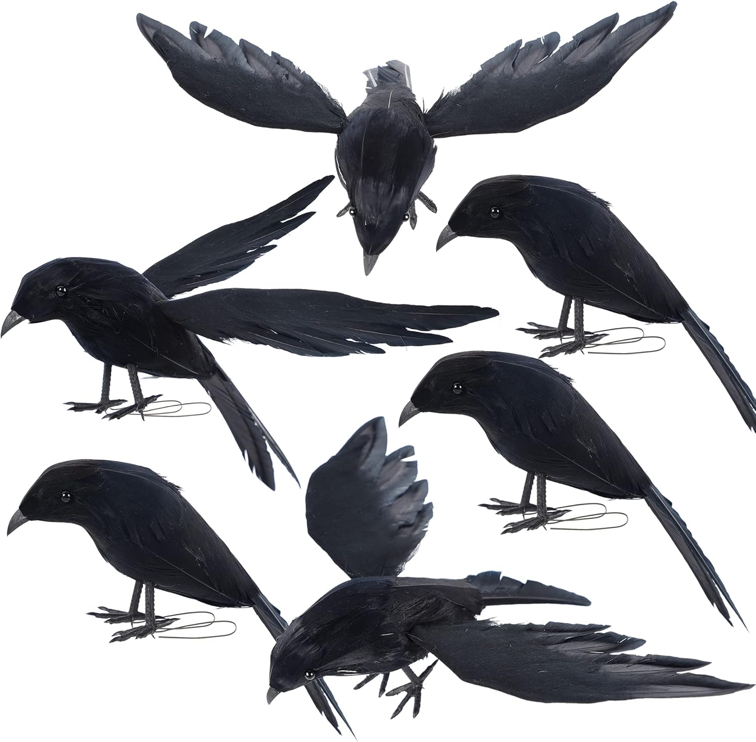 YOFIT Halloween Crow Decorations 6 Pack, Assorted Size Handmade Black Feather Birds Prop, Artificial Ravens Décor for Outdoor Indoor style 1