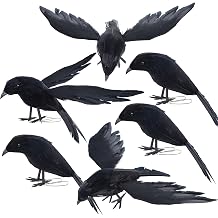 YOFIT Halloween Crow Decorations 6 Pack Fake Black Crows and Ravens | Assorted Size, Handmade Feather Birds, Artificial Raven, Outdoor Indoor Decor