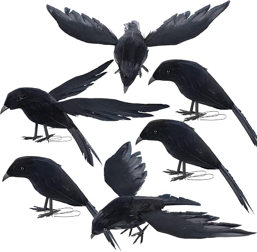 YOFIT Halloween Crow Decorations 6 Pack Fake Black Crows and Ravens | Assorted Size, Handmade Feather Birds, Artificial Raven, Outdoor Indoor Decor