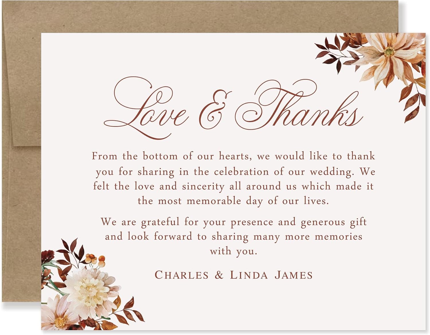 Love and Thanks Boho Floral Wedding Thank You Notes, Flat 5.5x4.25" Personalized Notecards with Envelopes