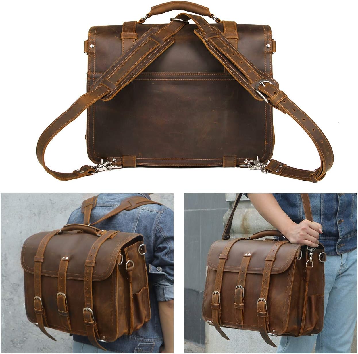 Augus Leather Messenger Bag for Men Briefcase Travel Backpack Shoulder Bag Fit 17'' Laptop - Image 7