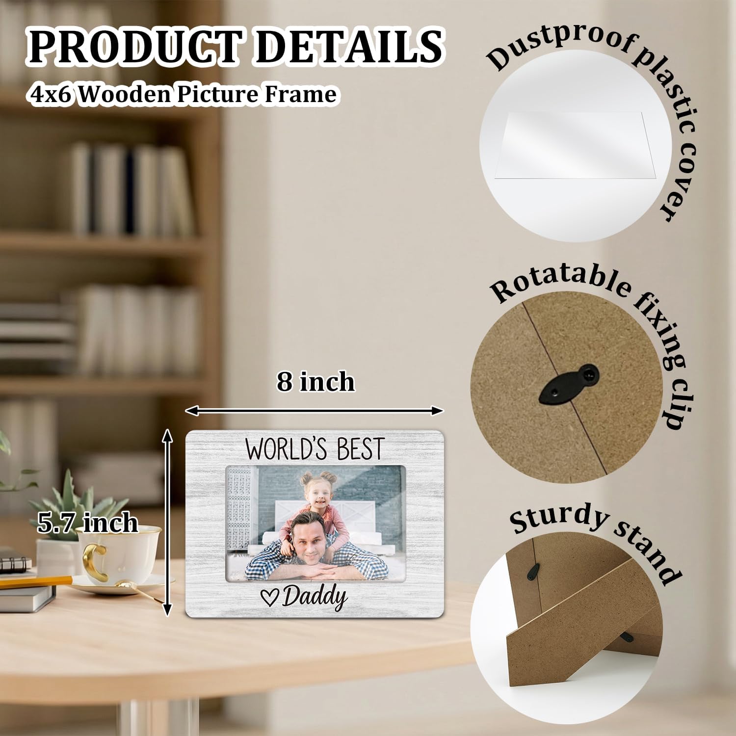 World's Best Daddy Picture Frame, Dad Photo Frame Wooden Picture Frame Birthday Gifts for Father, Gifts for Father's Day, 4x6 Photo Frame for Tabletop Display, Home Office Desk Decor Shelf Display -16 image 2