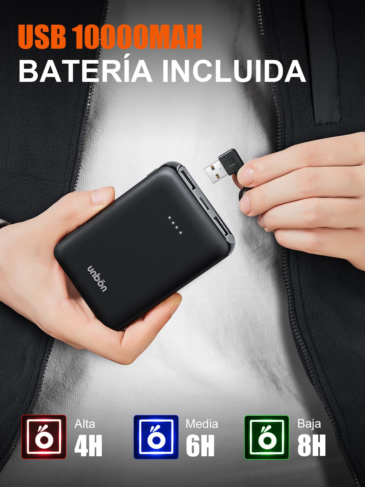 UNBON Chaleco Calefactable Hombre Batería USB 10000mAh 3 Temperaturas 6 Zonas Calefactables