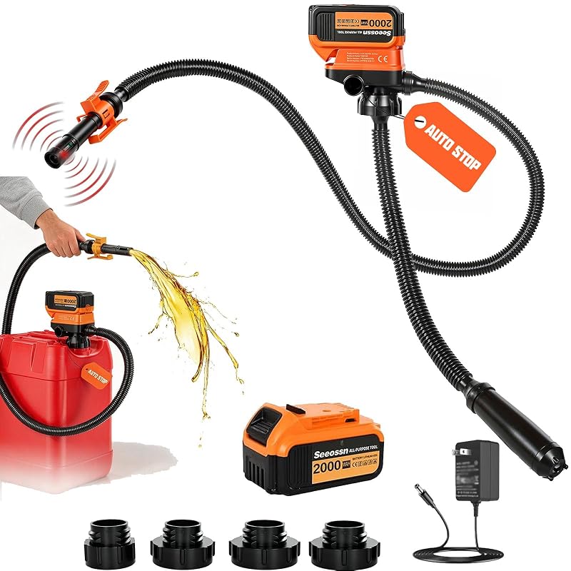 Bomba Elétrica Portátil de Transferência de Combustível Seeossn com Bateria 2,0 Ah, Carregador, Parada Automática e Mangueira de 106,7 cm