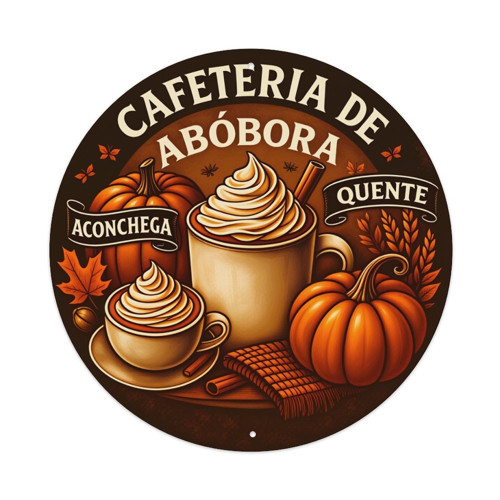 Pumpkin Coffee Cup Autumn Leaves Round Tin Sign Vintage Style Metal Sign Home Bar Garden Wall Plaque Decor Metal Poster 8x8 Inch