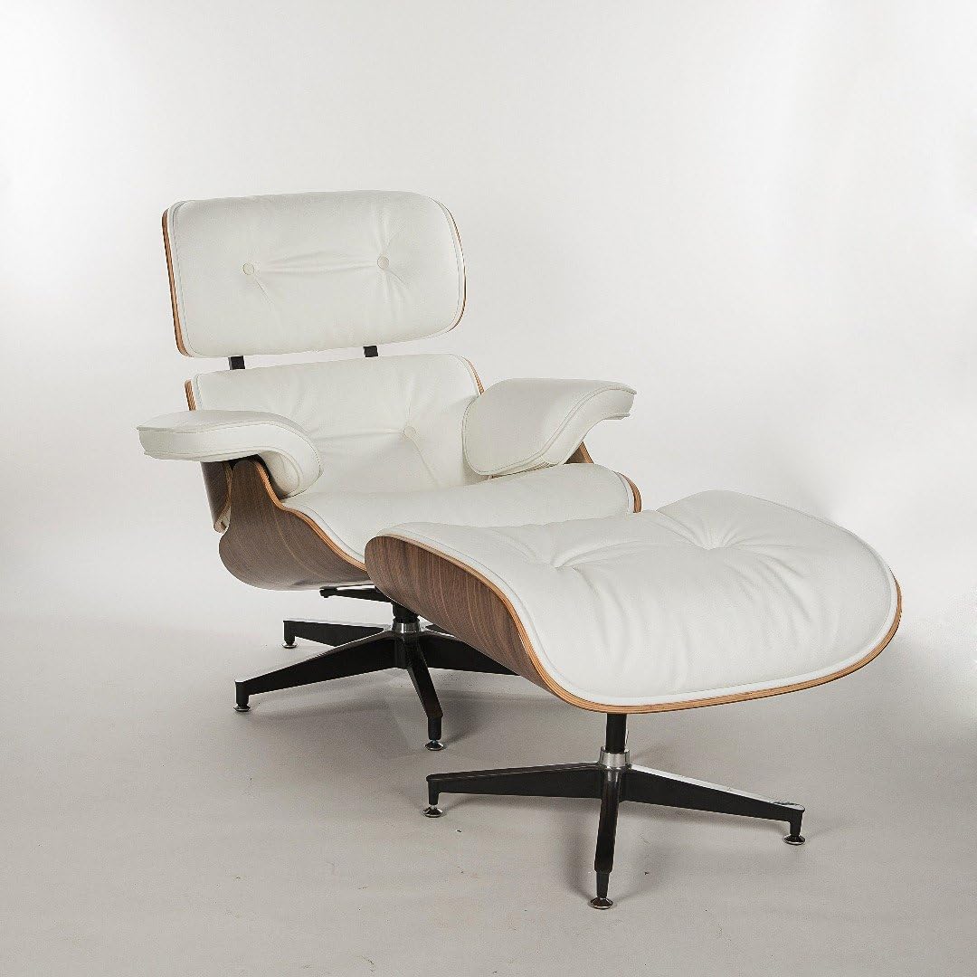 Upsun Simple Modern Fashion Style Living Room Genuine Leather Wood Lounge Chair and Ottoman (Walnutwood White)