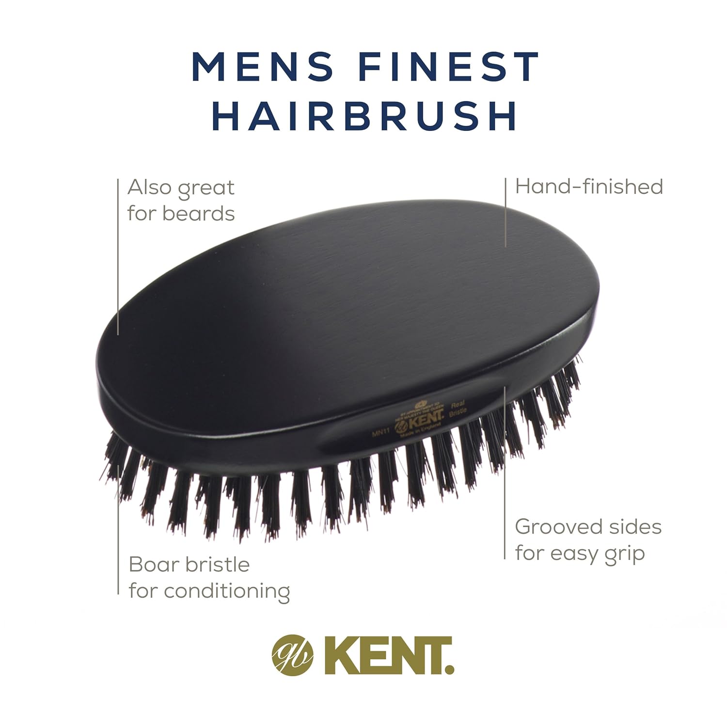 Kent MN11 Finest Men's Hair and Facial Brush for Beard Care - 100% Natural Black Boar Bristle Brush for Mens Grooming, Scalp Stimmulating, 360 Wave, and Beard Straightener For Men's Hair Care
