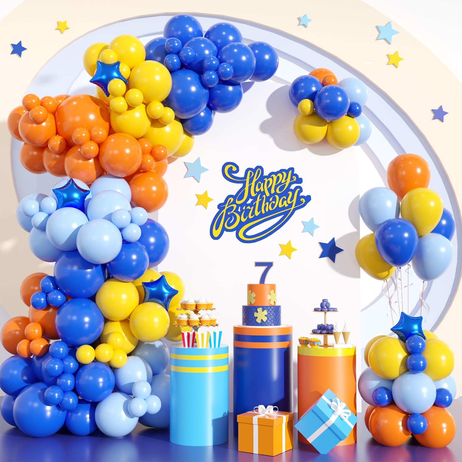 Navy Blue and Orange Garland Arch Kit, Orange and Yellow Balloons Light Baby Royal Blue with Foil Star Balloon for Kids Boys Baby Shower Birthday