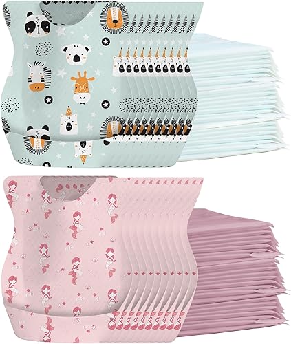 Juego de baberos desechables para bebés, 100 unidades, forro a prueba de fugas, bolsillo para atrapar alimentos para bebés de 6 a 18 meses