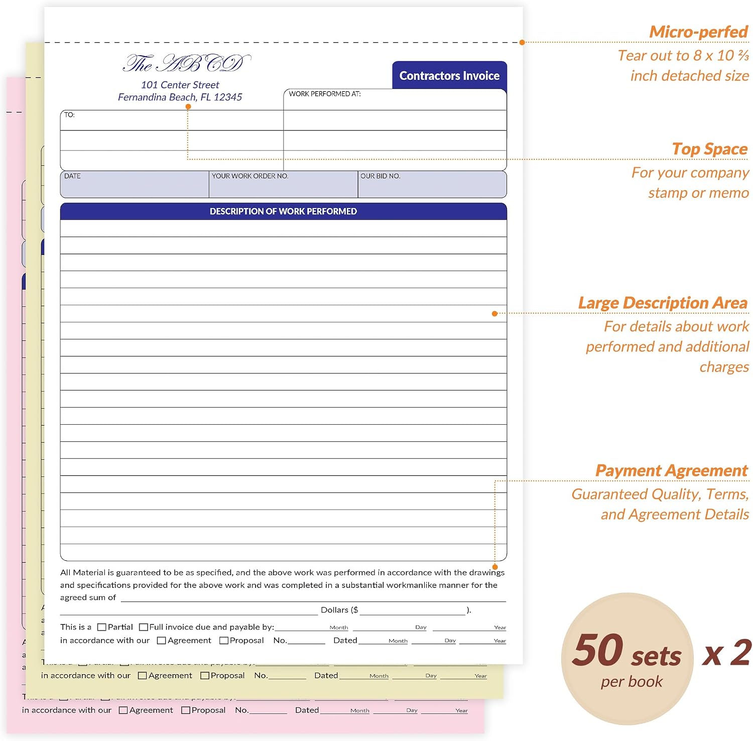 2 Books Large Contractor Invoice Book, Invoice Receipt Book for Small Business, 3 Part Carbonless Work Order Estimate Forms, 8x11 in, 100 Sets