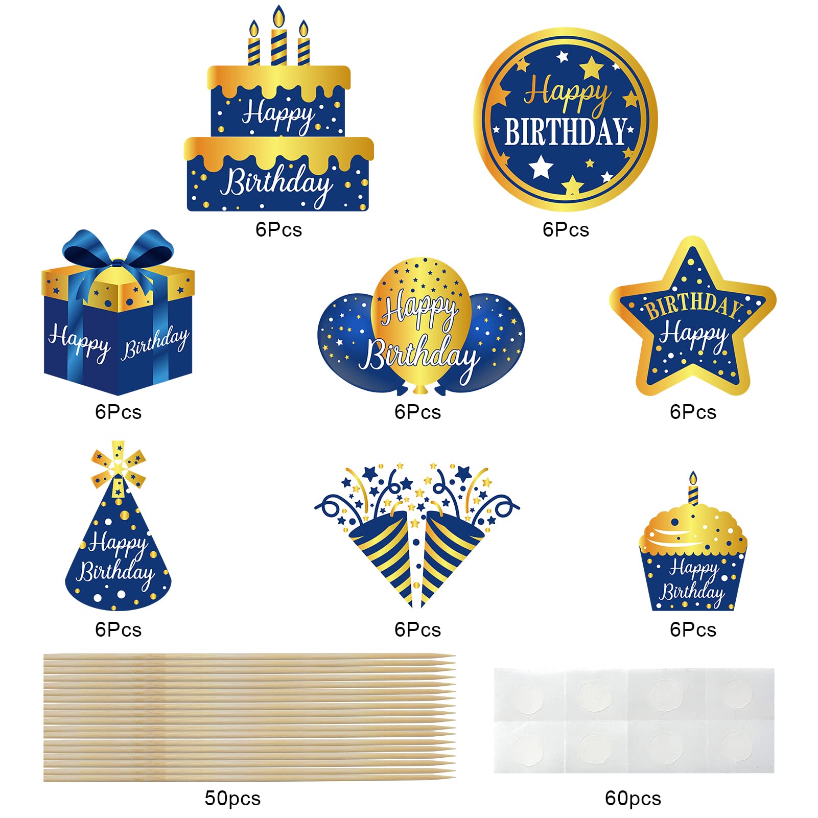 Amazon.com: 48Pcs Happy Birthday Cake Toppers Decorations for Boys Men,  Blue Gold Birthday Cupcake Toppers Sign Decor, 16th 21st 30th 40th 50th  60th 70th Bday Cupcake Picks Party Supplies : Grocery &