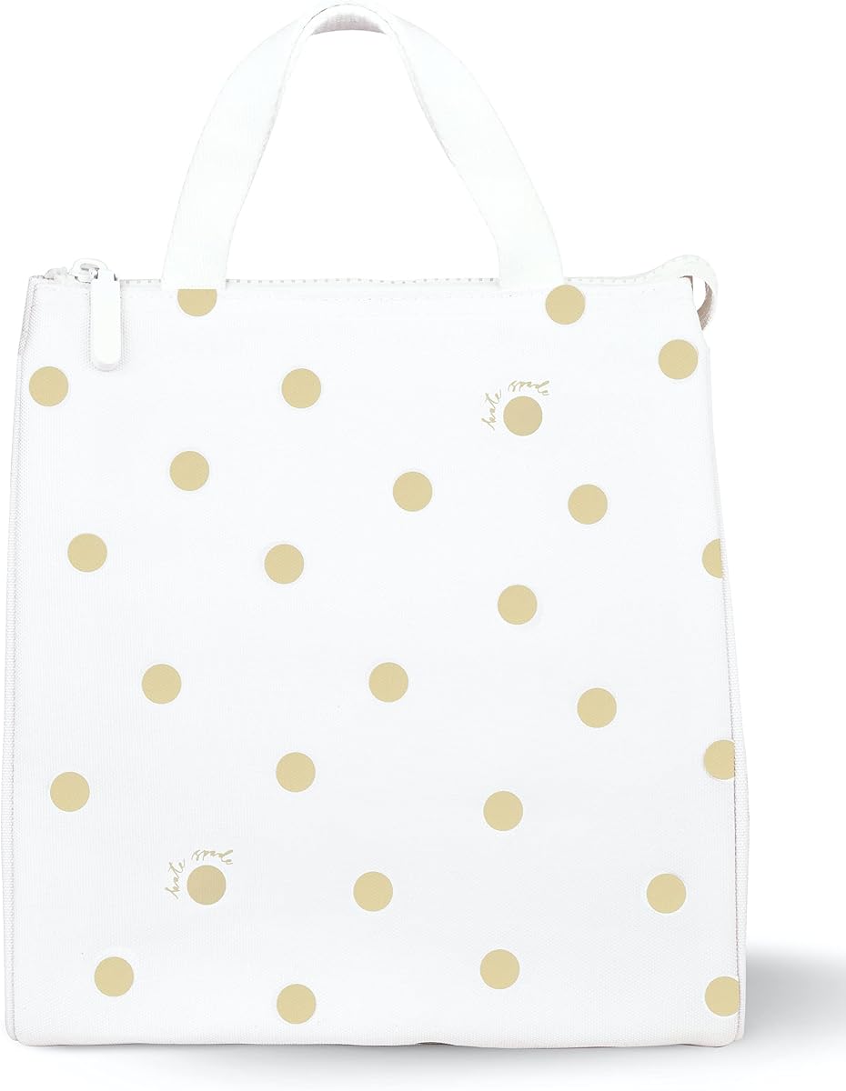 kate spade new york Lunch Tote aislado, punto dorado con guión | Lindo bolso enfriador suave aislado, fiambrera para adultos con forro interior térmico plateado y bolsillo de almacenamiento de malla
