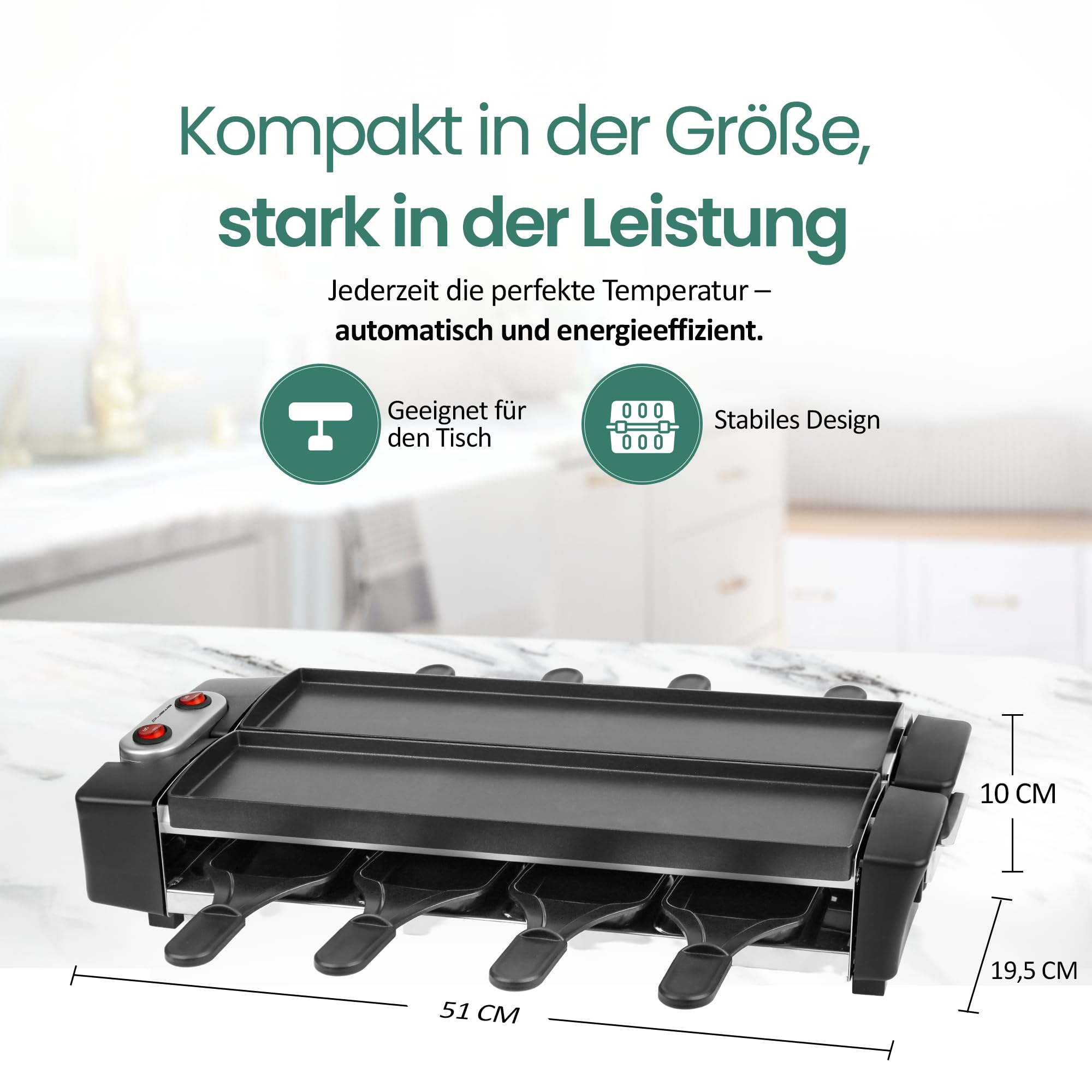 EMERIO Raclette z wysokiej jakości płytami odlewanymi ciśnieniowo | urządzenie składane | 2 x 40,6 x 10 cm powłoka nieprzywierająca bez PFAS firmy ILAG | łatwy do czyszczenia | 8 patelenek | kabel