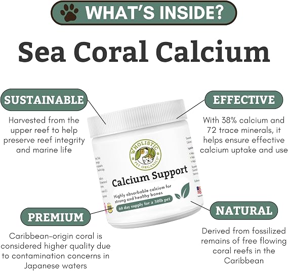 Calcium for Dogs and Cats - 60 Scoops | Sea Coral Cat and Dog Calcium Supplement with 72 Trace Minerals - Supports Strong Bones, Teeth & Muscles